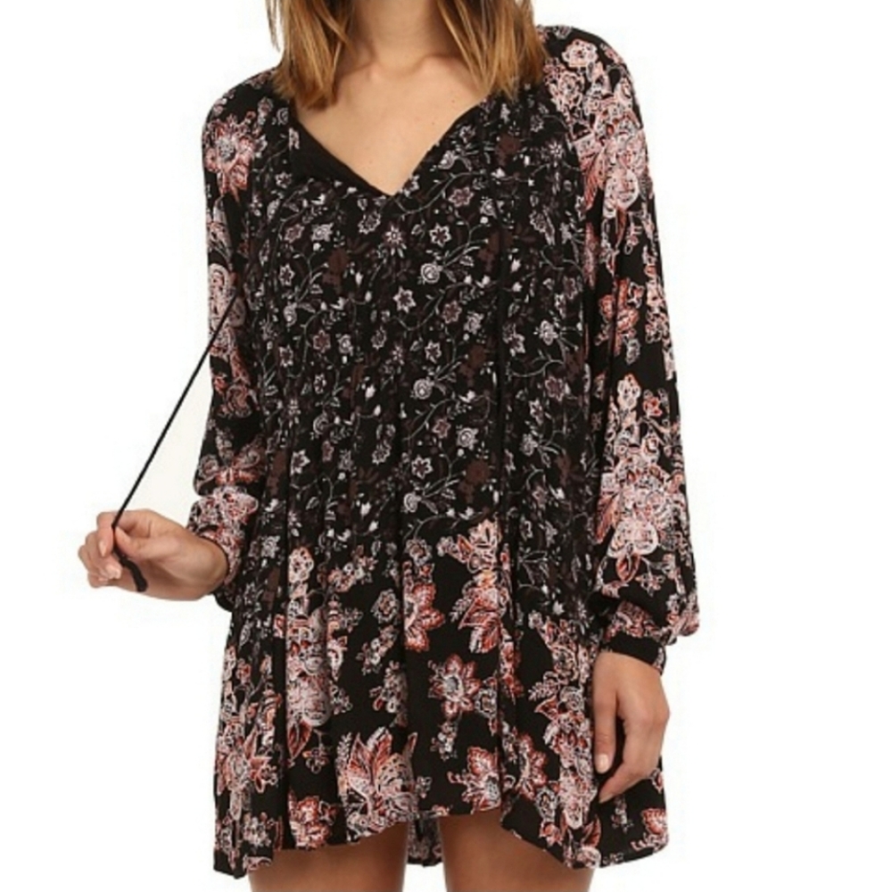 Free People Lucky Loosey Floral Boho Swing Long Sleeve Mini Dress Large